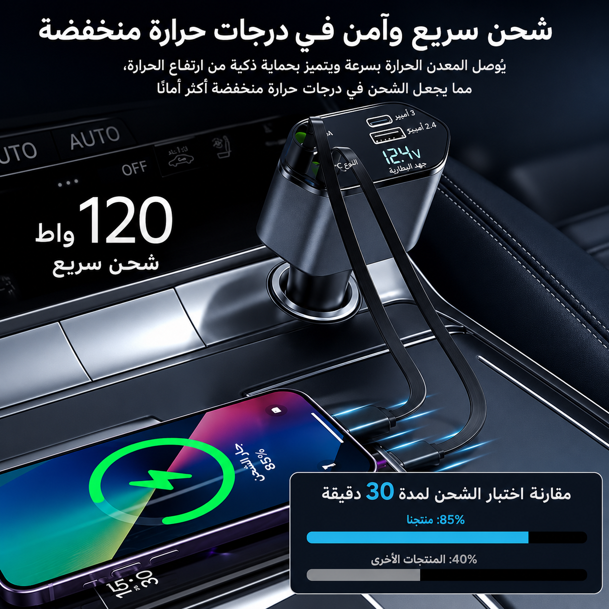 شاحن سيارة 4 في 1 بقوة 120 واط وكابلات قابلة للسحب | كابلان قابلان للسحب (USB-C وLightning) + منفذا USB-A وUSB-C