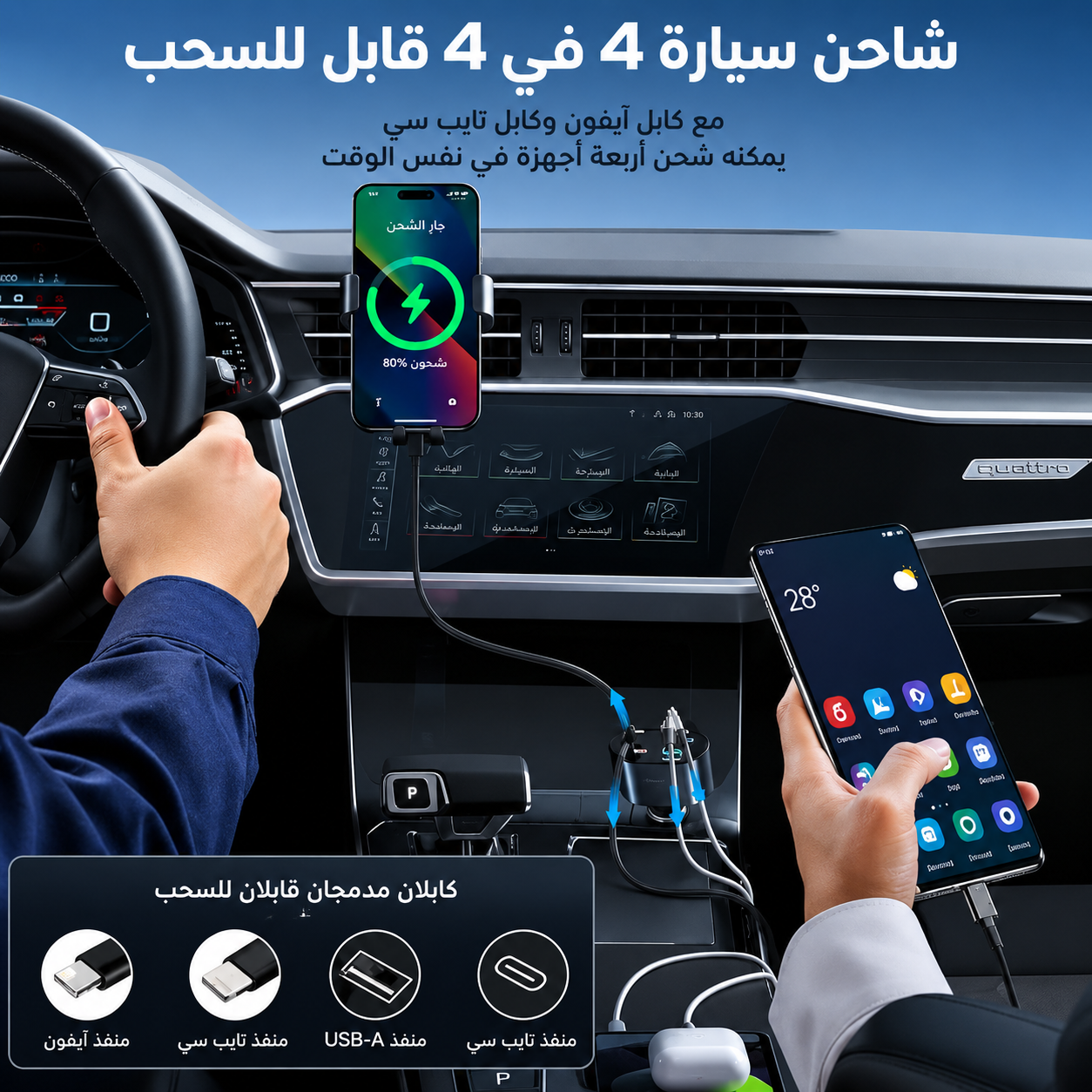 شاحن سيارة 4 في 1 بقوة 120 واط وكابلات قابلة للسحب | كابلان قابلان للسحب (USB-C وLightning) + منفذا USB-A وUSB-C