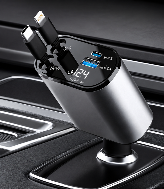 شاحن سيارة 4 في 1 بقوة 120 واط وكابلات قابلة للسحب | كابلان قابلان للسحب (USB-C وLightning) + منفذا USB-A وUSB-C